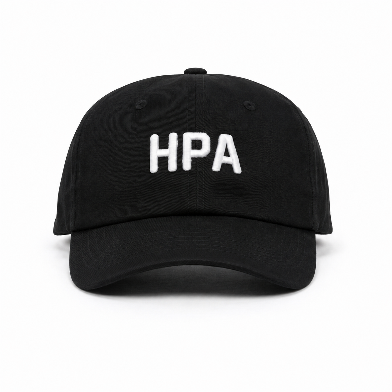 A black baseball cap with the letters 'HPA' embroidered in white on the front, shown against a plain white background.
