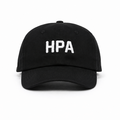A black baseball cap with the letters 'HPA' embroidered in white on the front, shown against a plain white background.