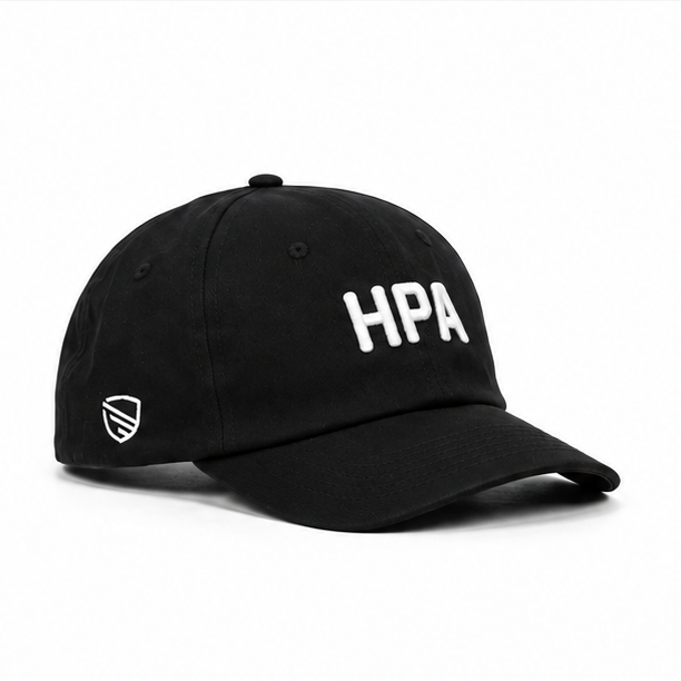 A black baseball cap shown from four angles in a 2x2 grid on a light gray background. The front and side views show white embroidered text reading HPA, and the back view shows the cap's adjustable strap closure.