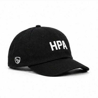 A black baseball cap shown from four angles in a 2x2 grid on a light gray background. The front and side views show white embroidered text reading HPA, and the back view shows the cap's adjustable strap closure.