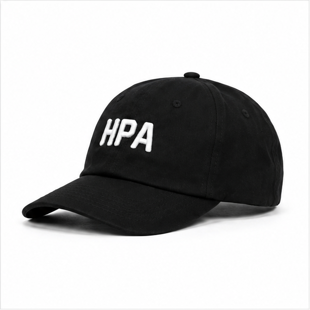 A black baseball cap shown from four angles in a 2x2 grid on a light gray background. The front and side views show white embroidered text reading HPA, and the back view shows the cap's adjustable strap closure.