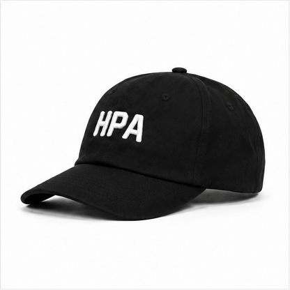 A black baseball cap shown from four angles in a 2x2 grid on a light gray background. The front and side views show white embroidered text reading HPA, and the back view shows the cap's adjustable strap closure.